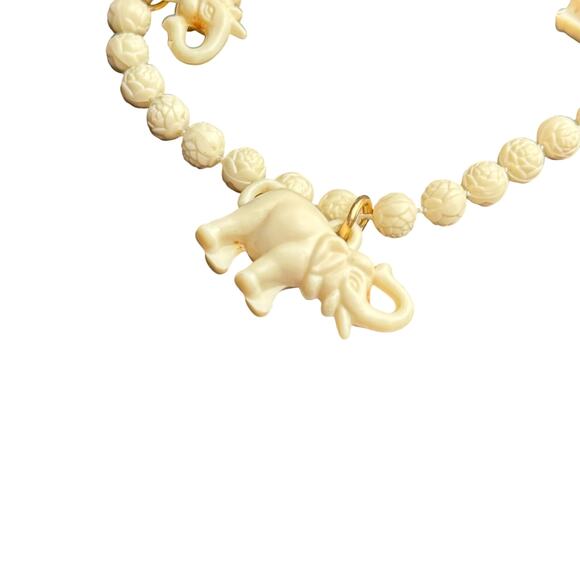 Vintage Carved Bead Rose Elephant Charm Necklace Ivory Tone Boho Safari Jewelry - Picture 6 of 8